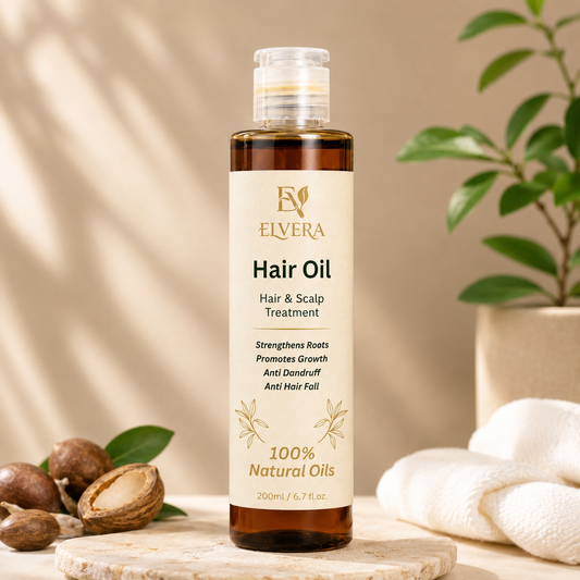 Elvera hair oil bottle on a wooden surface with natural ingredients and a plant in the background