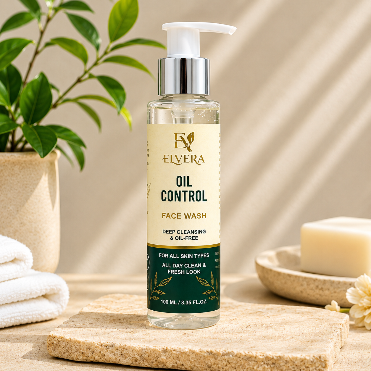 Elvera Oil Control Face Wash bottle on a wooden surface with a plant and soap in the background