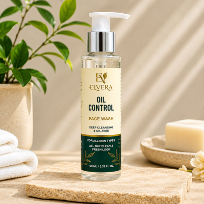 Elvera Oil Control Face Wash bottle on a wooden surface with a plant and soap in the background
