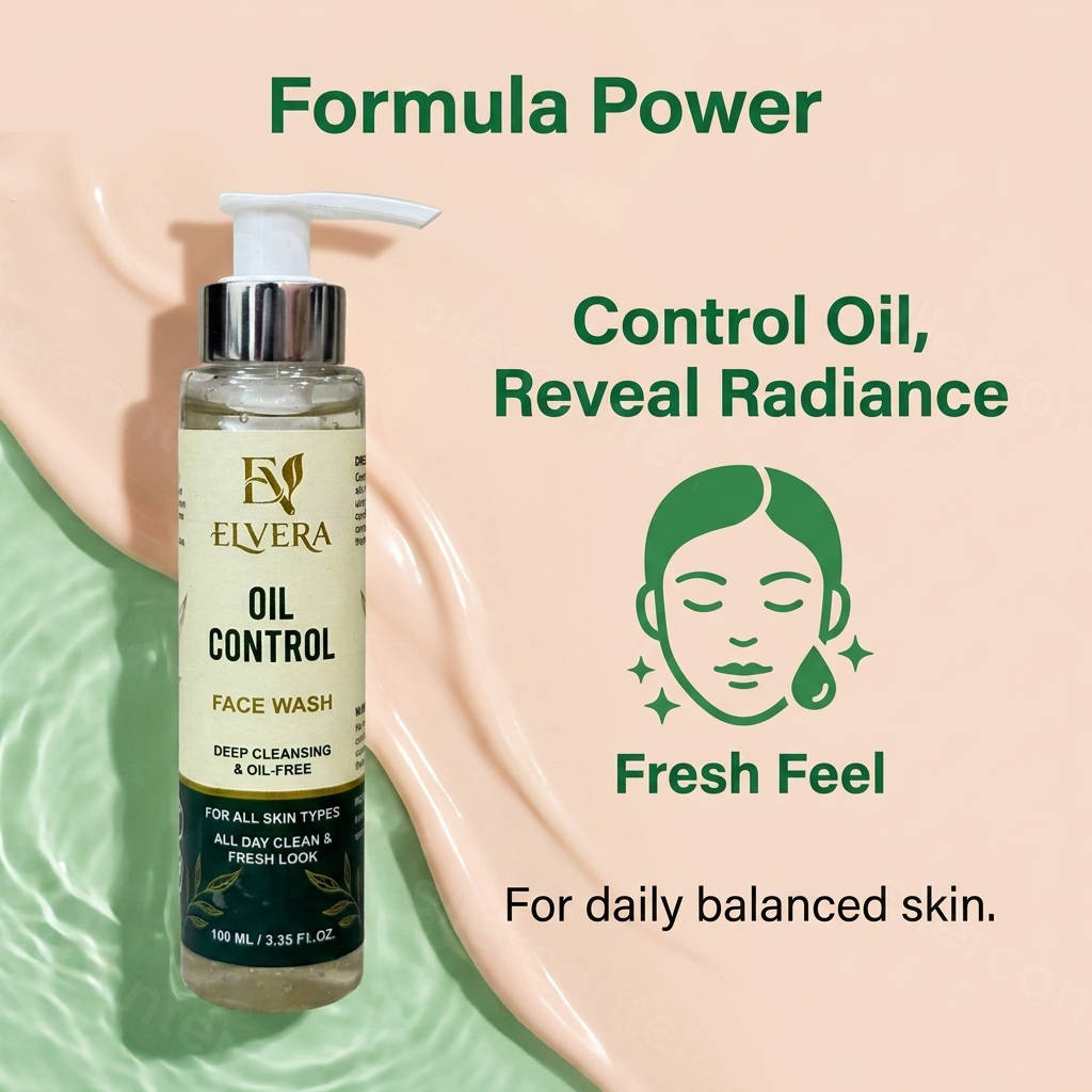 Elvera Oil Control Face Wash bottle with branding and product features on a beige background