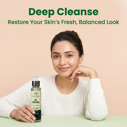 Woman holding a bottle of Elvea oil control Face wash with text 'Deep Cleanse' and 'Restore Your Skin's Fresh, Balanced Look' on a beige background.