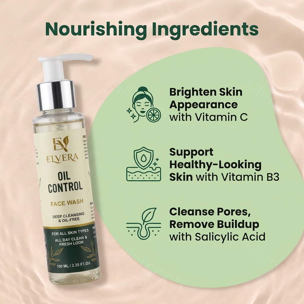 Elvera Oil Control Face Wash bottle with nourishing ingredients text on a beige background