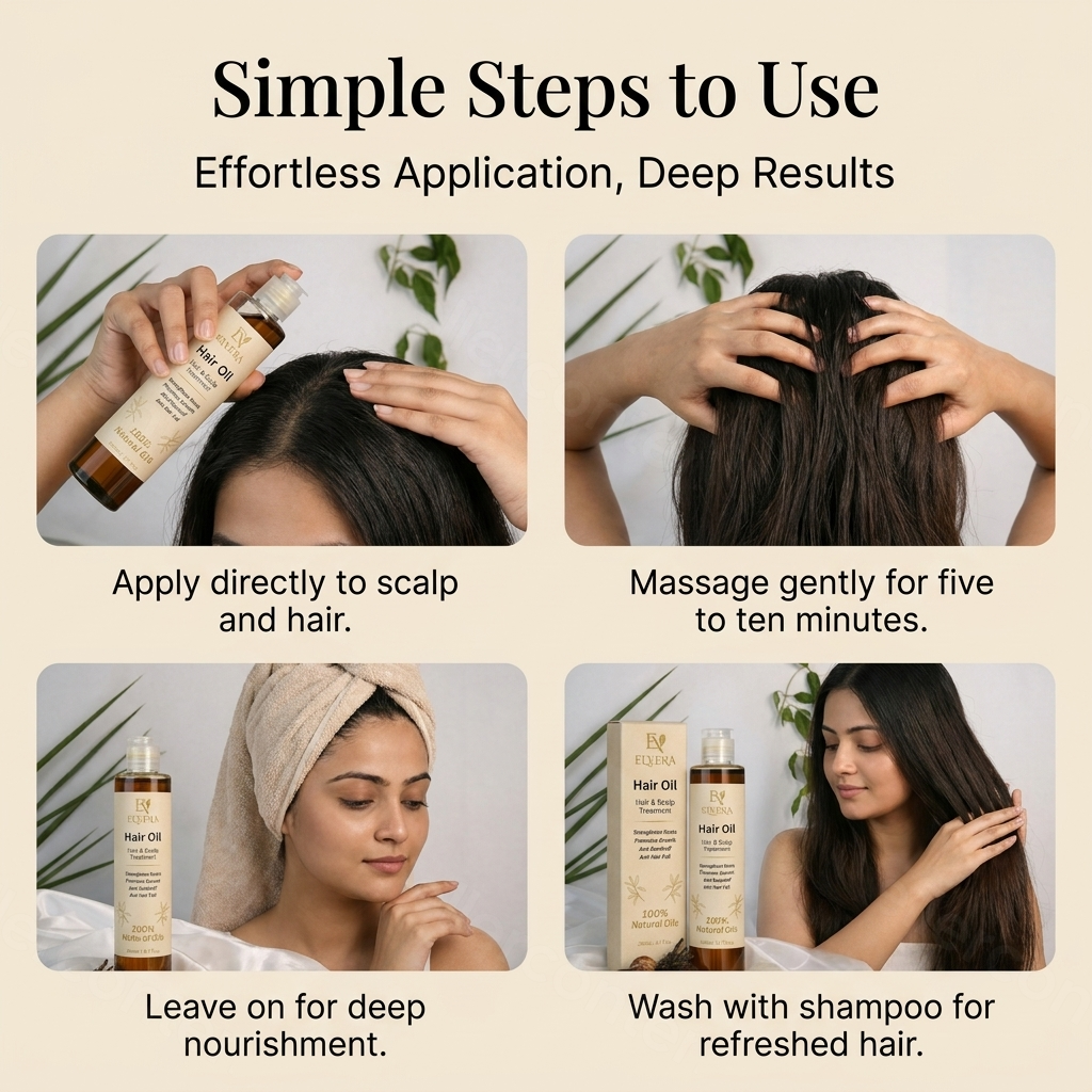 Instructions for using hair care product with step-by-step images and text.