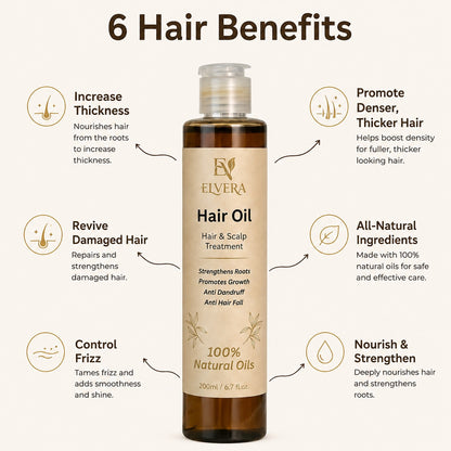 Elvera Hair Oil bottle with 6 hair benefits listed on a white background