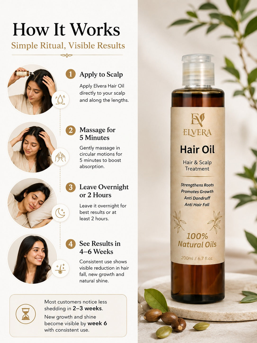 Elvera Hair Oil bottle with usage instructions on a neutral background