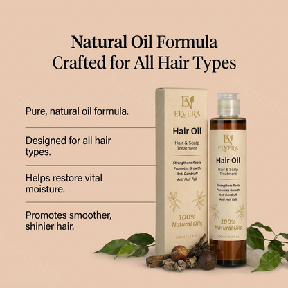 Elvera Hair Oil packaging with natural ingredients on a beige background