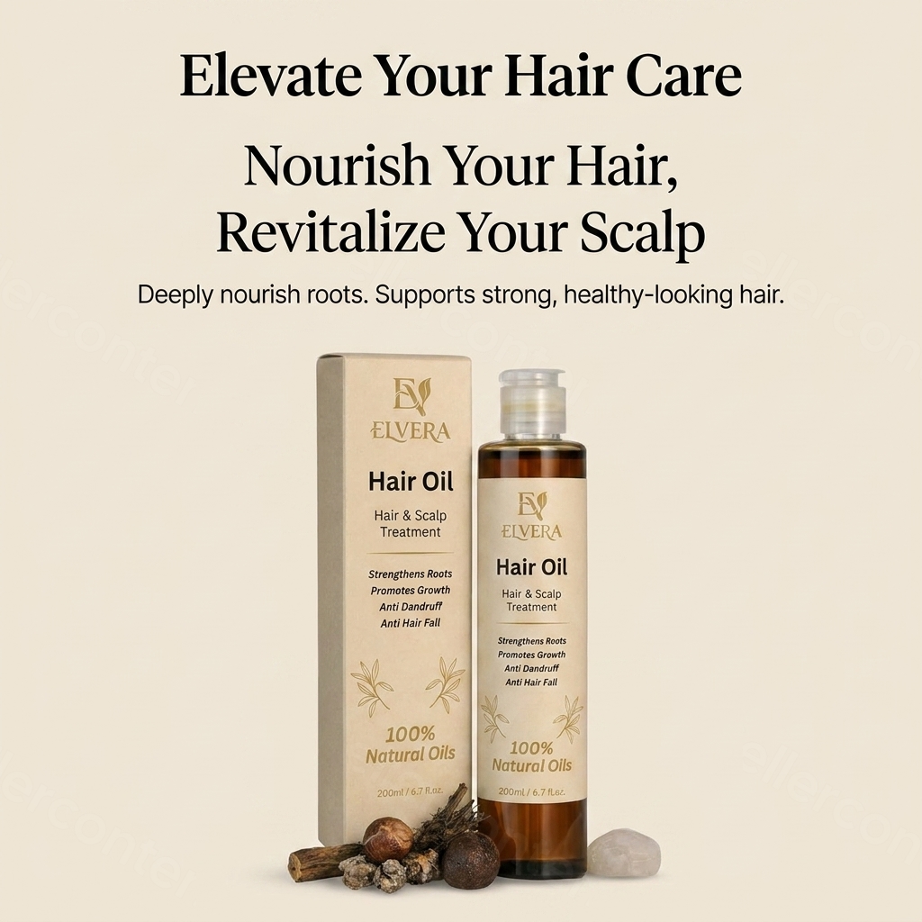 Elvera hair oil and treatment bottle with packaging on a beige background