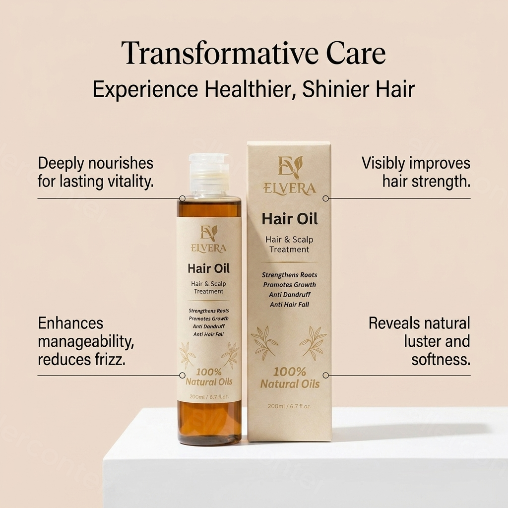 Elvera Hair Oil bottle and box with text highlighting benefits on a beige background