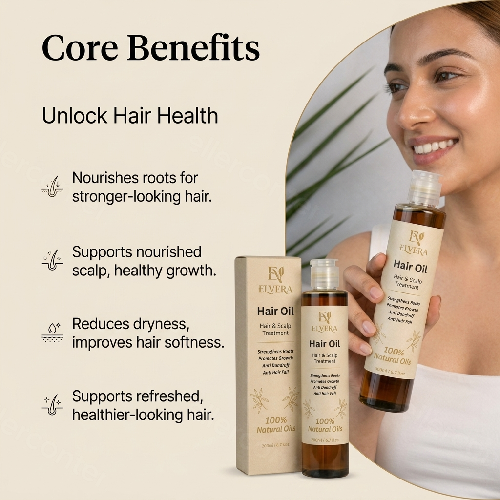 Elvera hair oil product with a woman holding them, labeled 'Unlock Hair Health' on a beige background.