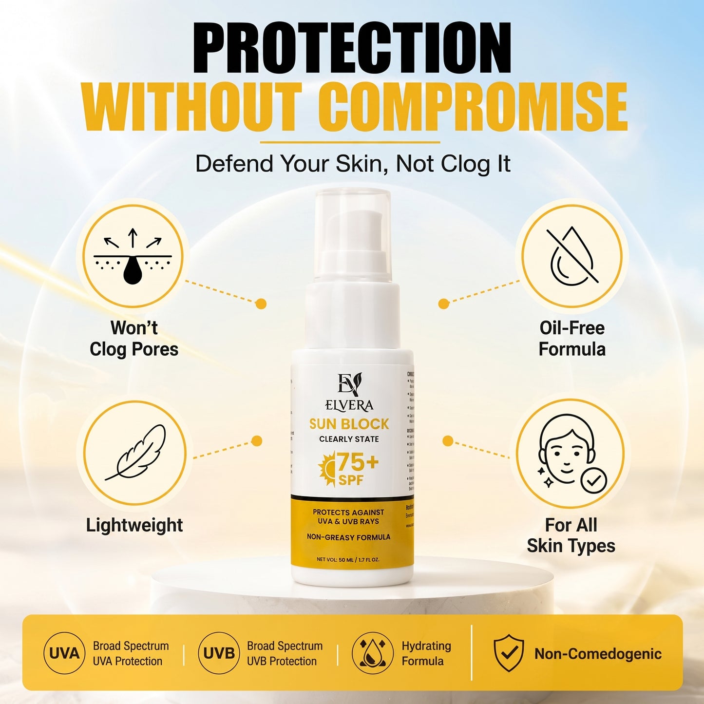 Elver Sun Block bottle centered on a light blue and white background with marketing text and icons about skin protection, oil-free formula, lightweight texture, and suitability for all skin types.
