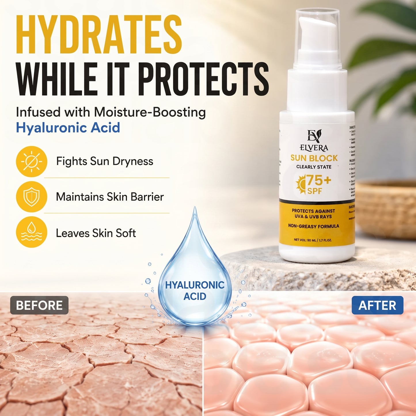 Elvera Sun Block bottle shown on a styled background with marketing text, a before/after skin texture comparison, and a blue hyaluronic acid droplet graphic.