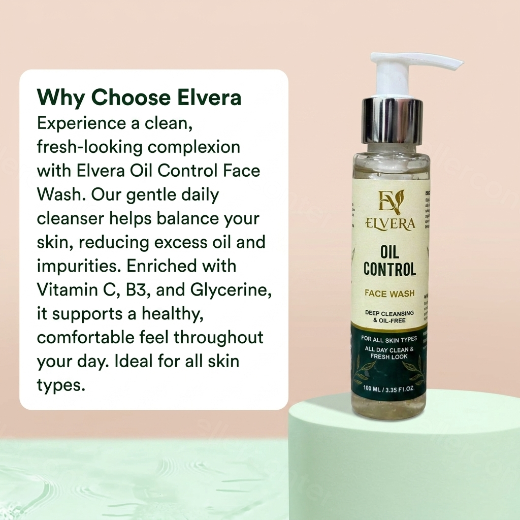 Elvera Oil Control Face Wash bottle with descriptive text on a light pink background