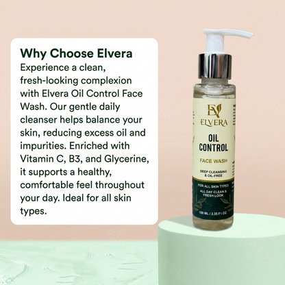 Elvera Oil Control Face Wash bottle with descriptive text on a light pink background