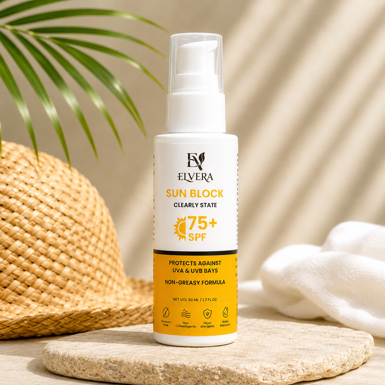 Elvera sun block bottle with SPF 75+ on a natural background